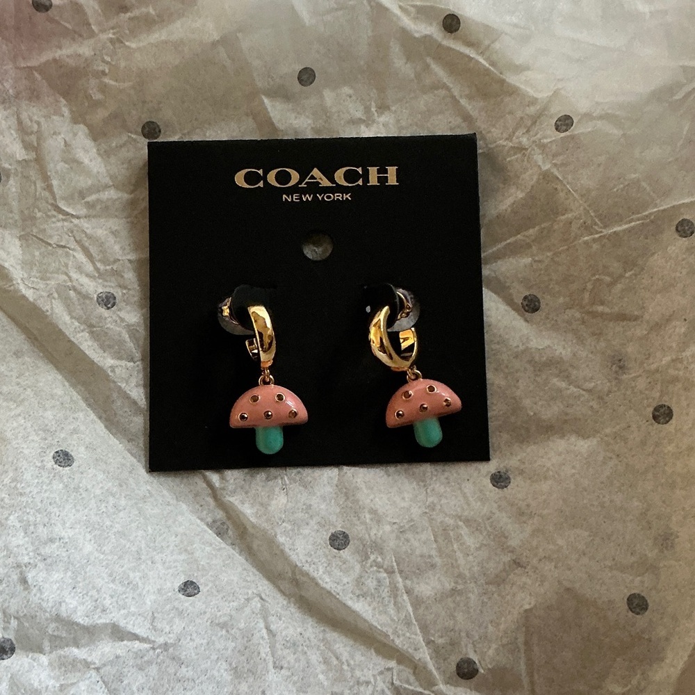 Coach Gold Tone Hoop Earrings with Pink & Teal Mushroom Charms